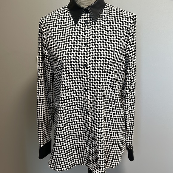 Lauren Ralph Lauren M Long Sleeve B/W Houndstooth Blouse w/ Vegan Leather Trim - Picture 4 of 11